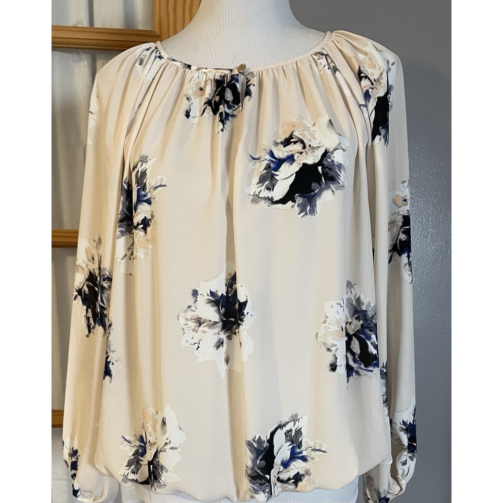 Vince Camuto Floral Blouse Women M Blush Navy Elastic Waist Cottagecore Career